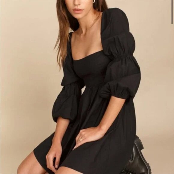 Reformation Michaela Long Sleeve Black Babydoll Mini Dress Size 8